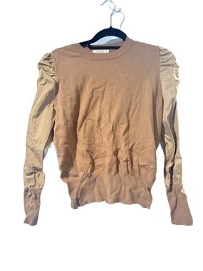 Beige Puff Sleeve Mixed-Media Sweater in Camel and Khaki xl